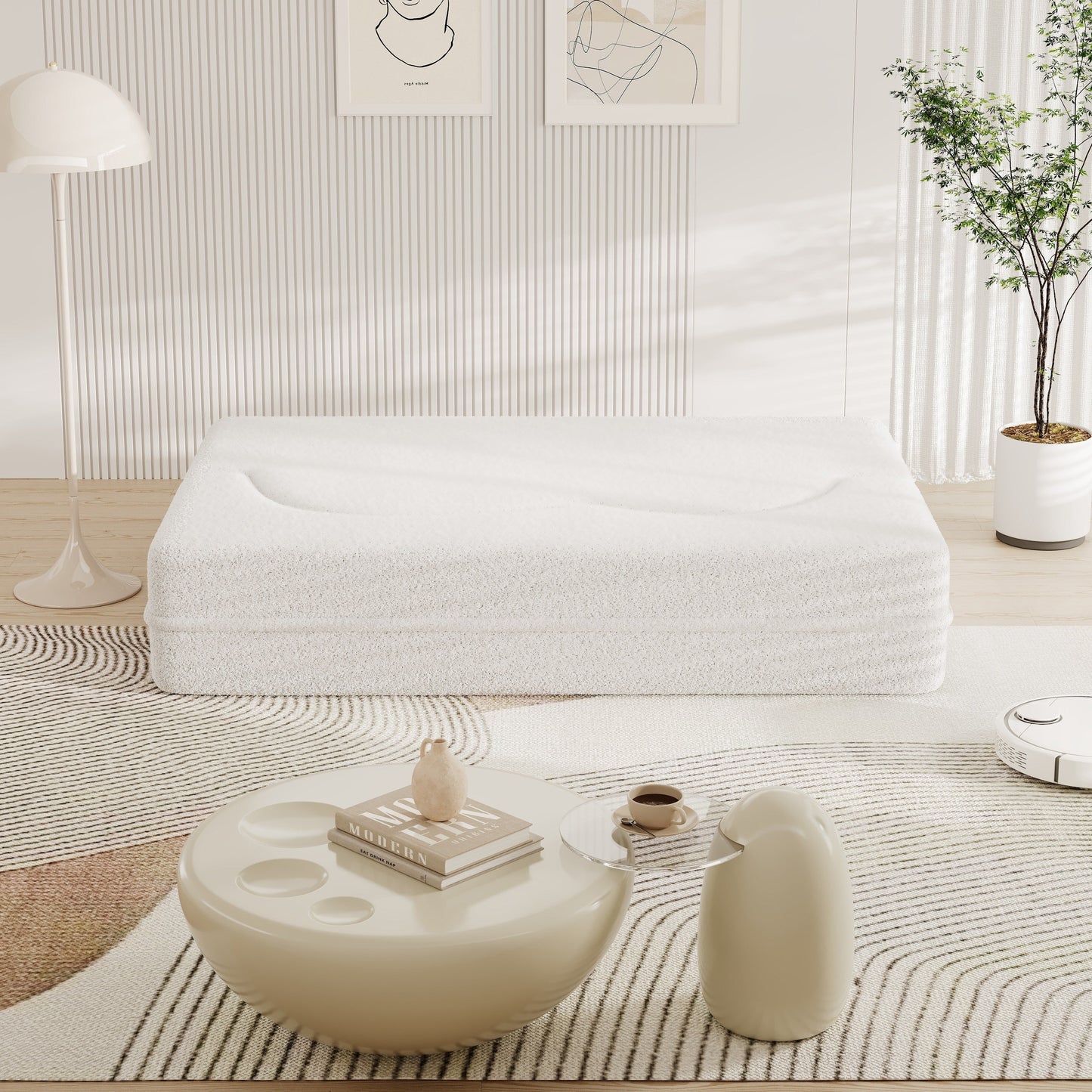 Canapé-lit convertible en tissu Teddy blanc 78 pouces, garni de mousse, avec 2 oreillers et matelas pliant pour le salon