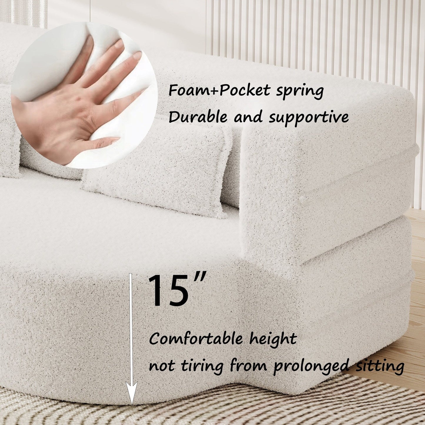 Canapé-lit convertible en tissu Teddy blanc 78 pouces, garni de mousse, avec 2 oreillers et matelas pliant pour le salon