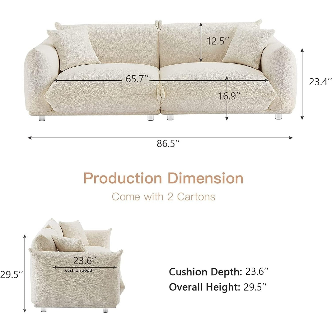 Canapé-lit surdimensionné blanc de 87 po avec pieds en métal, cadre en bois massif, 2 coussins, moelleux et durable
