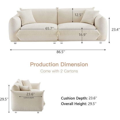 Canapé-lit surdimensionné blanc de 87 po avec pieds en métal, cadre en bois massif, 2 coussins, moelleux et durable