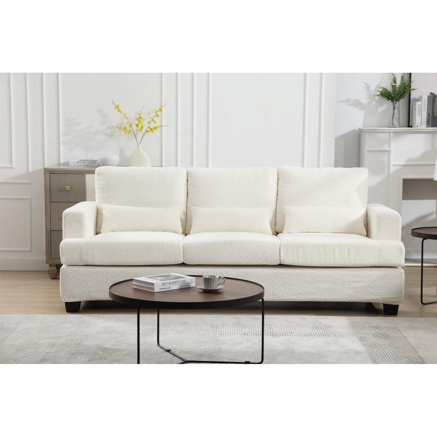 Canapé 3 places moderne en tissu blanc 88,4, avec 3 coussins, coussins de dossier amovibles, structure en bois dur et acier