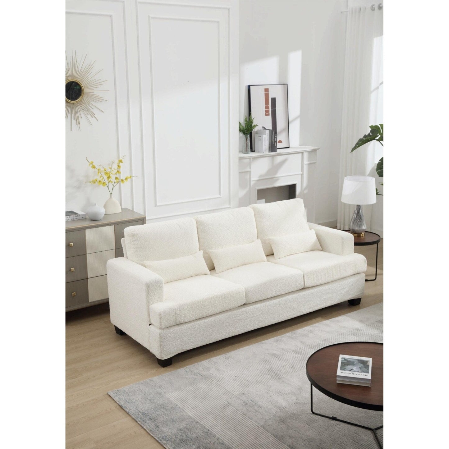 Canapé 3 places moderne en tissu blanc 88,4, avec 3 coussins, coussins de dossier amovibles, structure en bois dur et acier