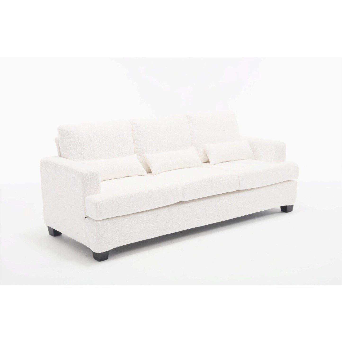 Canapé 3 places en tissu blanc de 225 cm avec coussins de dossier amovibles, assise profonde et cadre robuste en bois dur et acier