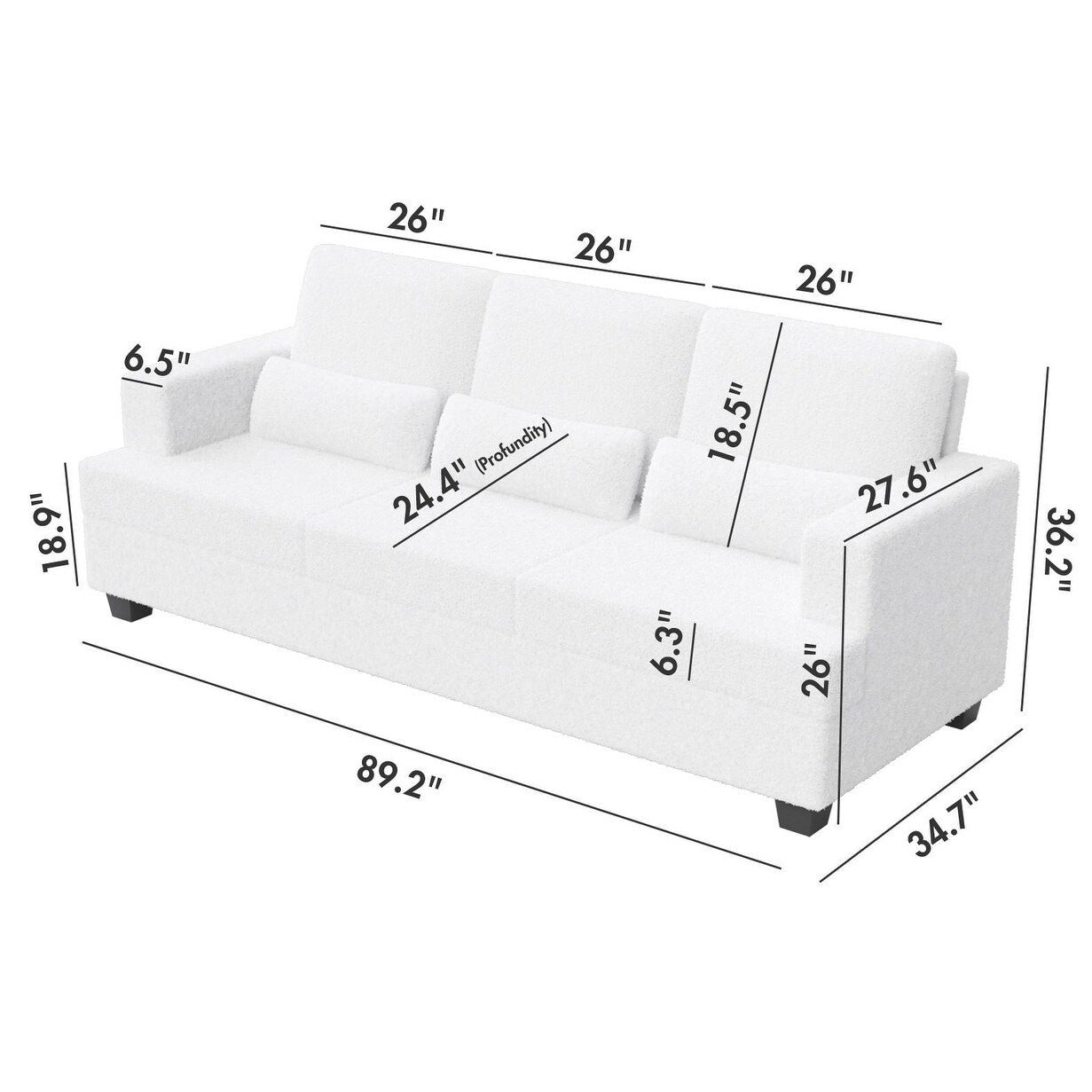 Canapé 3 places en tissu blanc de 225 cm avec coussins de dossier amovibles, assise profonde et cadre robuste en bois dur et acier