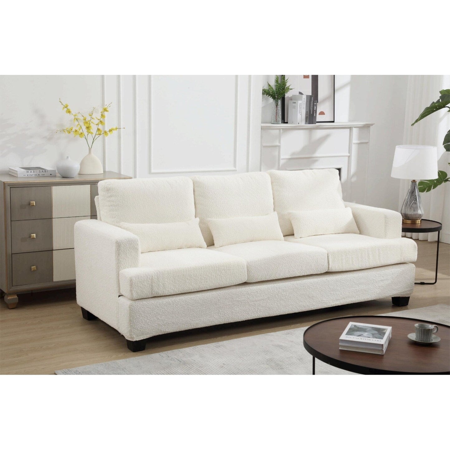 Canapé 3 places en tissu blanc de 225 cm avec coussins de dossier amovibles