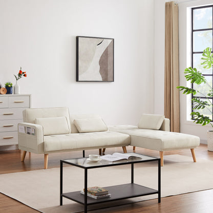 Canapé d'angle convertible en lin blanc 94,5 avec méridienne orientée à droite, sac de rangement et coussins en mousse