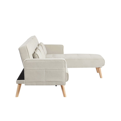 Canapé d'angle convertible en lin blanc 94,5 avec méridienne orientée à droite, sac de rangement et coussins en mousse