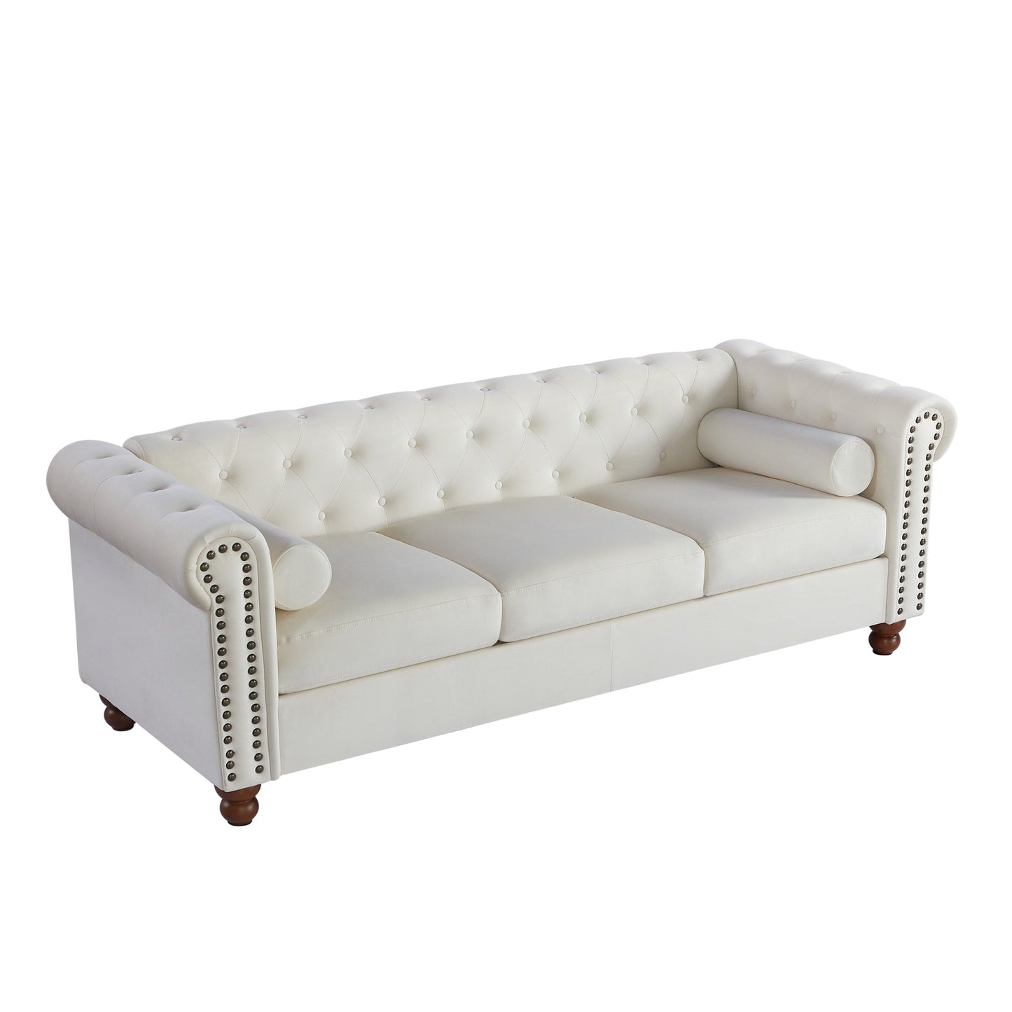 Canapé 3 places Chesterfield blanc capitonné 74,5 boutons avec têtes de clous et coussins pour le salon