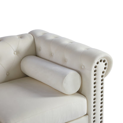 Canapé 3 places Chesterfield blanc capitonné 74,5 boutons avec têtes de clous et coussins pour le salon