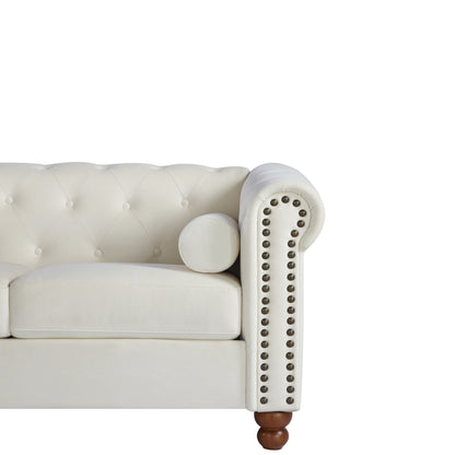 Canapé 3 places Chesterfield blanc capitonné 74,5 boutons avec têtes de clous et coussins pour le salon