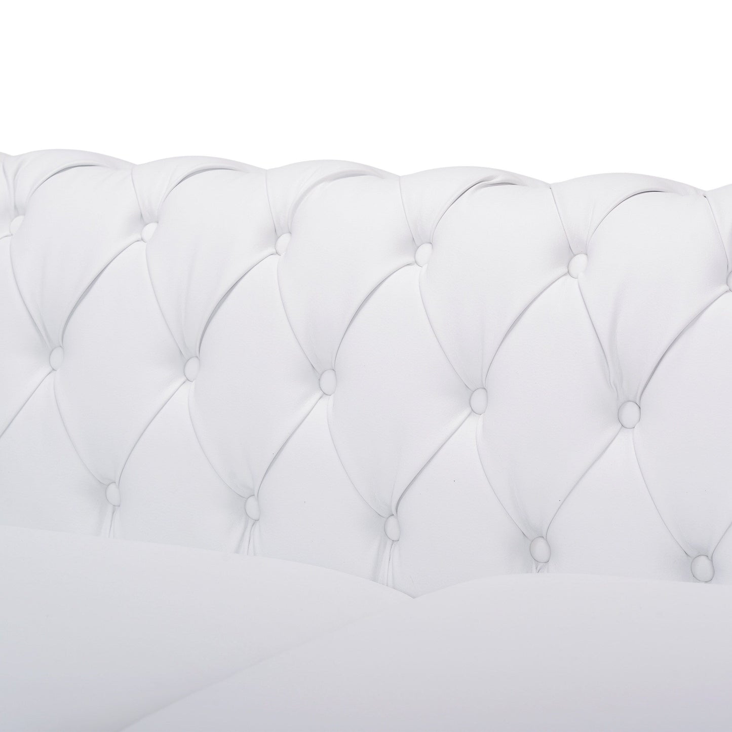 Canapé 3 places Chesterfield blanc capitonné à 83 boutons avec clous et pieds en bois pour le salon
