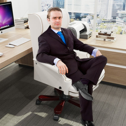 Fauteuil de bureau pivotant ergonomique en similicuir blanc avec repose-pieds, dossier capitonné et décoration cloutée