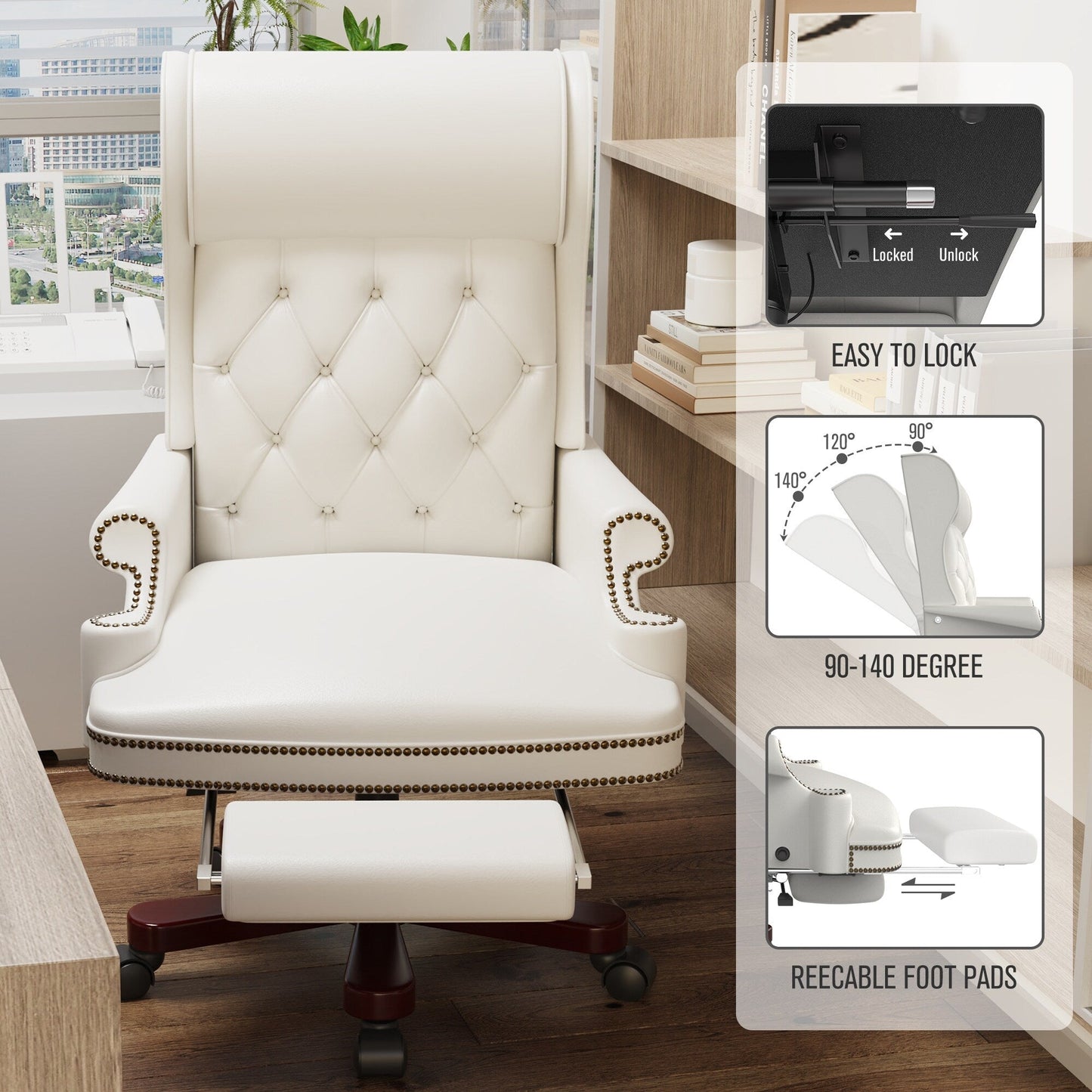 Fauteuil de bureau pivotant ergonomique en similicuir blanc avec repose-pieds, dossier capitonné et décoration cloutée