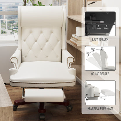 Fauteuil de bureau pivotant ergonomique en similicuir blanc avec repose-pieds, dossier capitonné et décoration cloutée