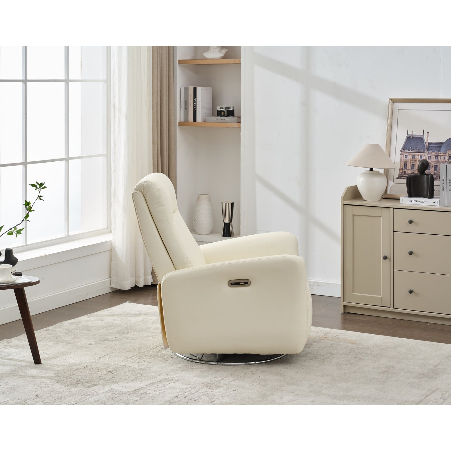 Fauteuil inclinable électrique pivotant à 270° en similicuir blanc avec dossier ergonomique, ports USB et Type-C