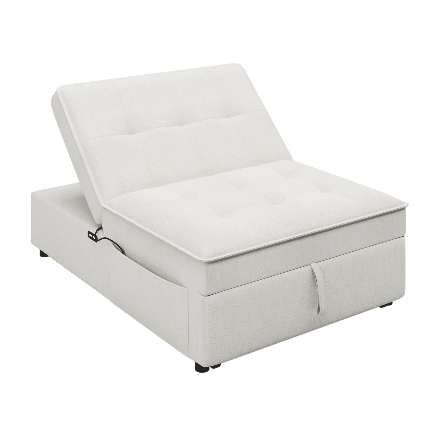 Canapé-lit ottoman en lin blanc avec poche de rangement et port USB