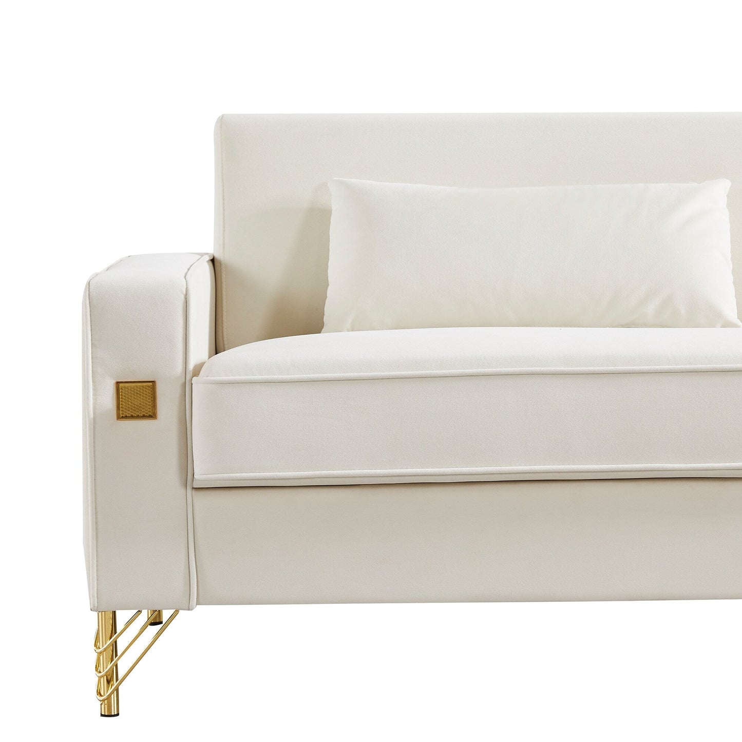 Canapé causeuse moderne blanc 85,44 po, rembourré en velours, avec pieds et coussins dorés, pour le salon