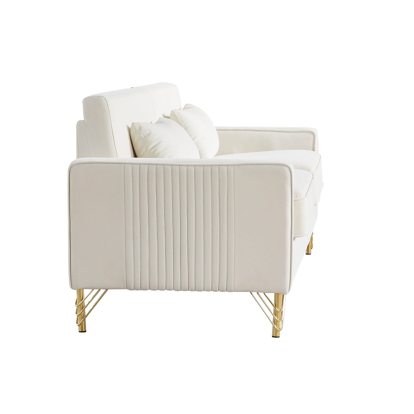 Canapé causeuse moderne blanc 85,44 po, rembourré en velours, avec pieds et coussins dorés, pour le salon