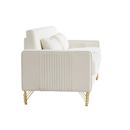 Canapé causeuse moderne blanc 85,44 po, rembourré en velours, avec pieds et coussins dorés, pour le salon