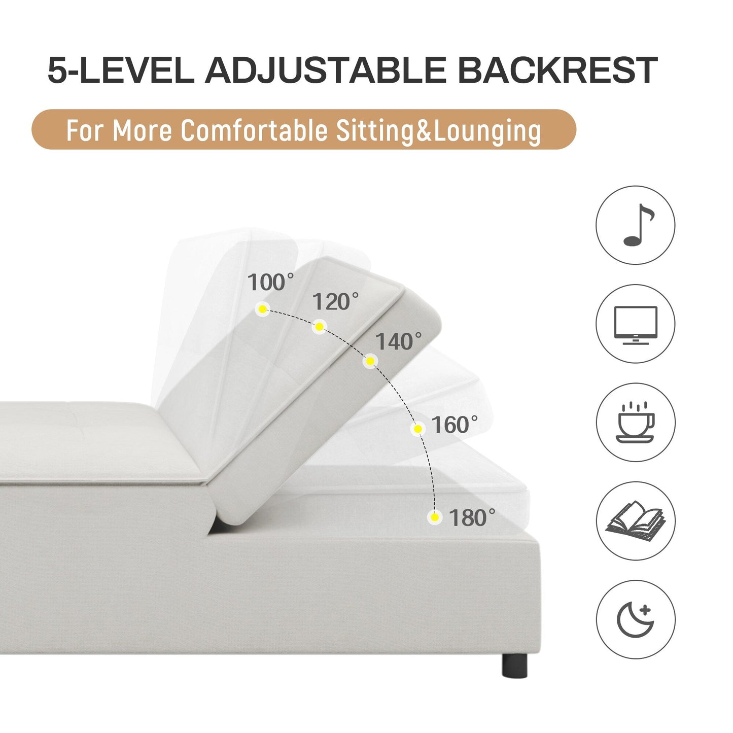 Canapé-lit ottoman 4 en 1 en lin blanc multifonction 72,5" avec poche de rangement et port USB pour le salon