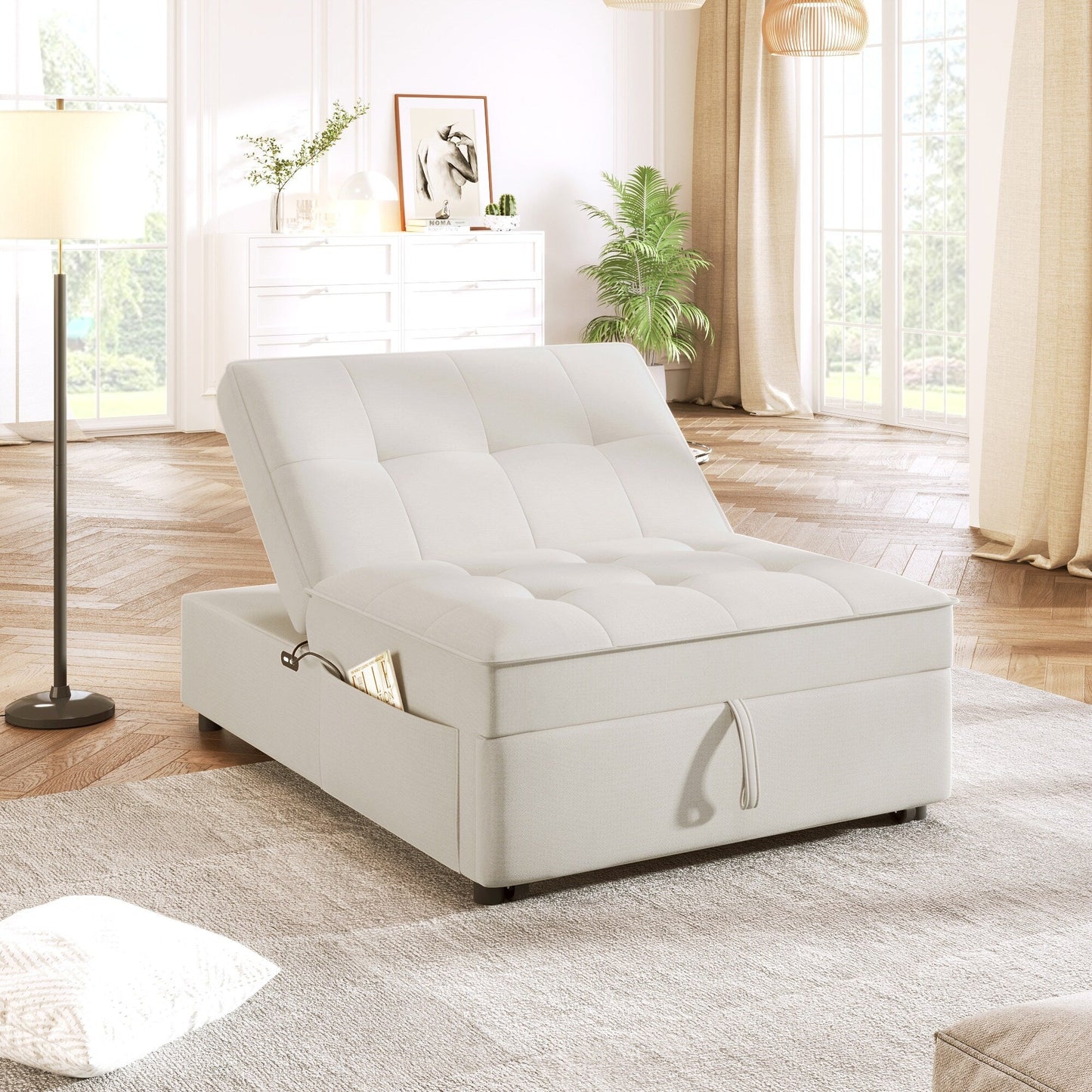 Canapé-lit ottoman 4 en 1 en lin blanc multifonction 72,5" avec poche de rangement et port USB pour le salon