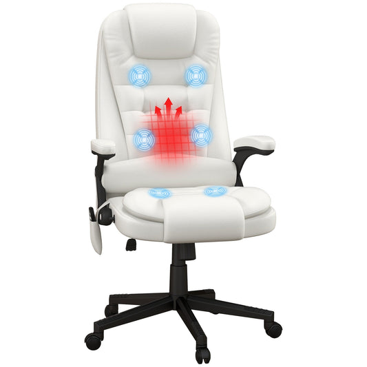 Fauteuil de bureau inclinable pivotant à 360° en cuir PU blanc avec dossier haut, massage par vibrations, chauffage lombaire et hauteur réglable