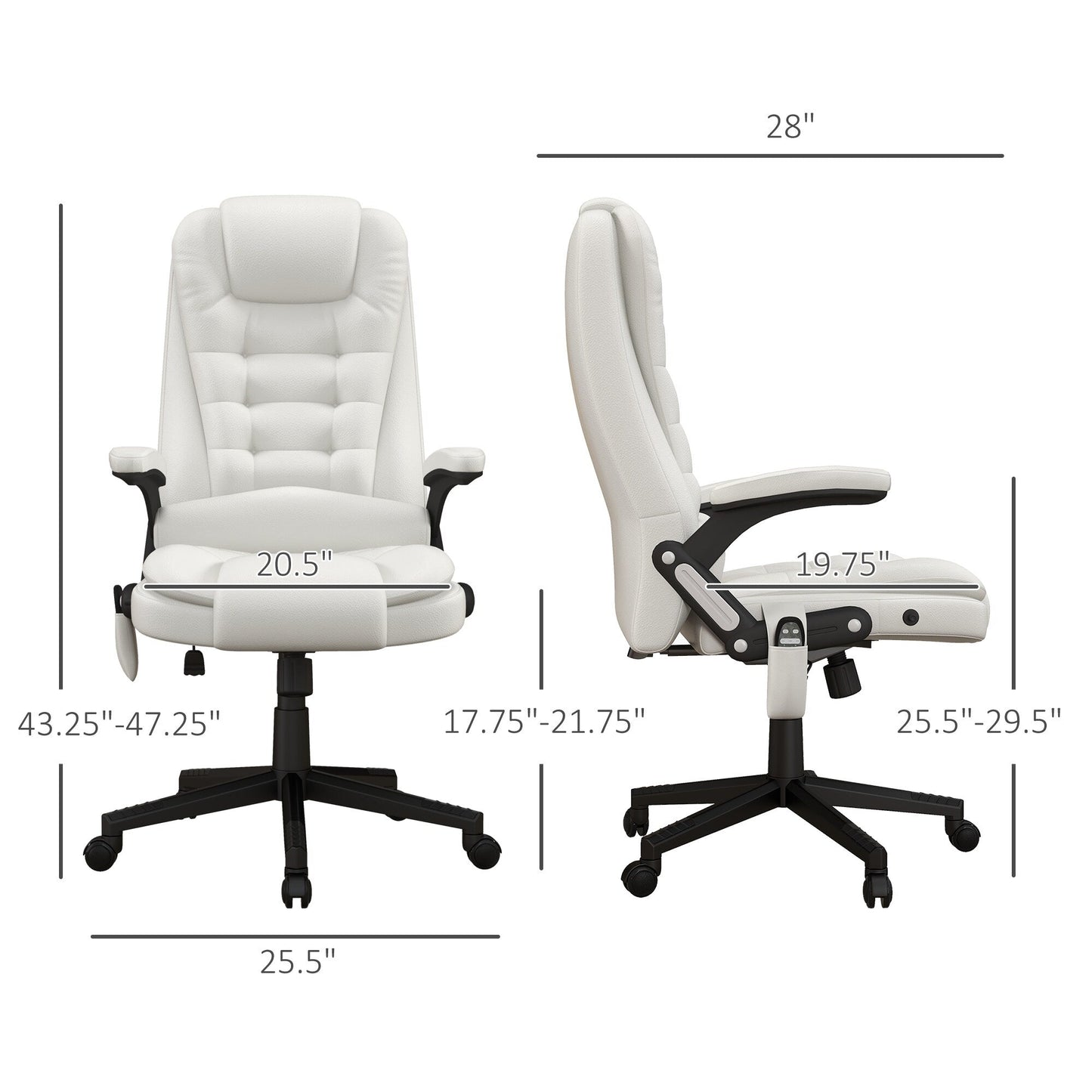 Fauteuil de bureau inclinable pivotant à 360° en cuir PU blanc avec dossier haut, massage par vibrations, chauffage lombaire et hauteur réglable