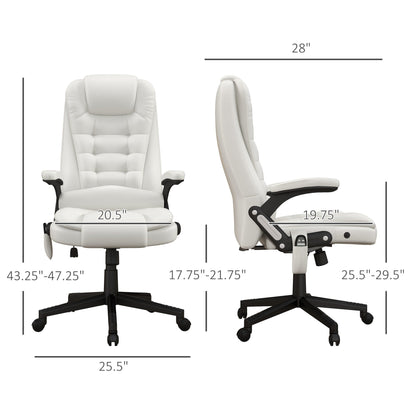 Fauteuil de bureau inclinable pivotant à 360° en cuir PU blanc avec dossier haut, massage par vibrations, chauffage lombaire et hauteur réglable