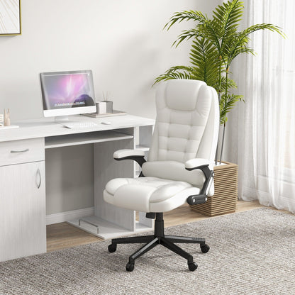 Fauteuil de bureau inclinable pivotant à 360° en cuir PU blanc avec dossier haut, massage par vibrations, chauffage lombaire et hauteur réglable