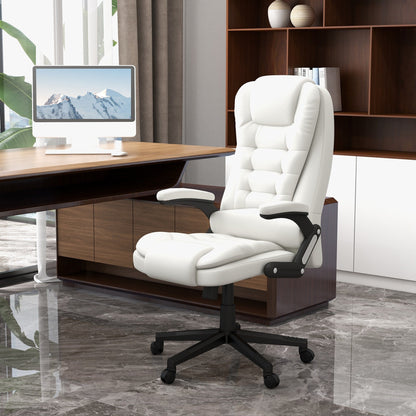 Fauteuil de bureau inclinable pivotant à 360° en cuir PU blanc avec dossier haut, massage par vibrations, chauffage lombaire et hauteur réglable