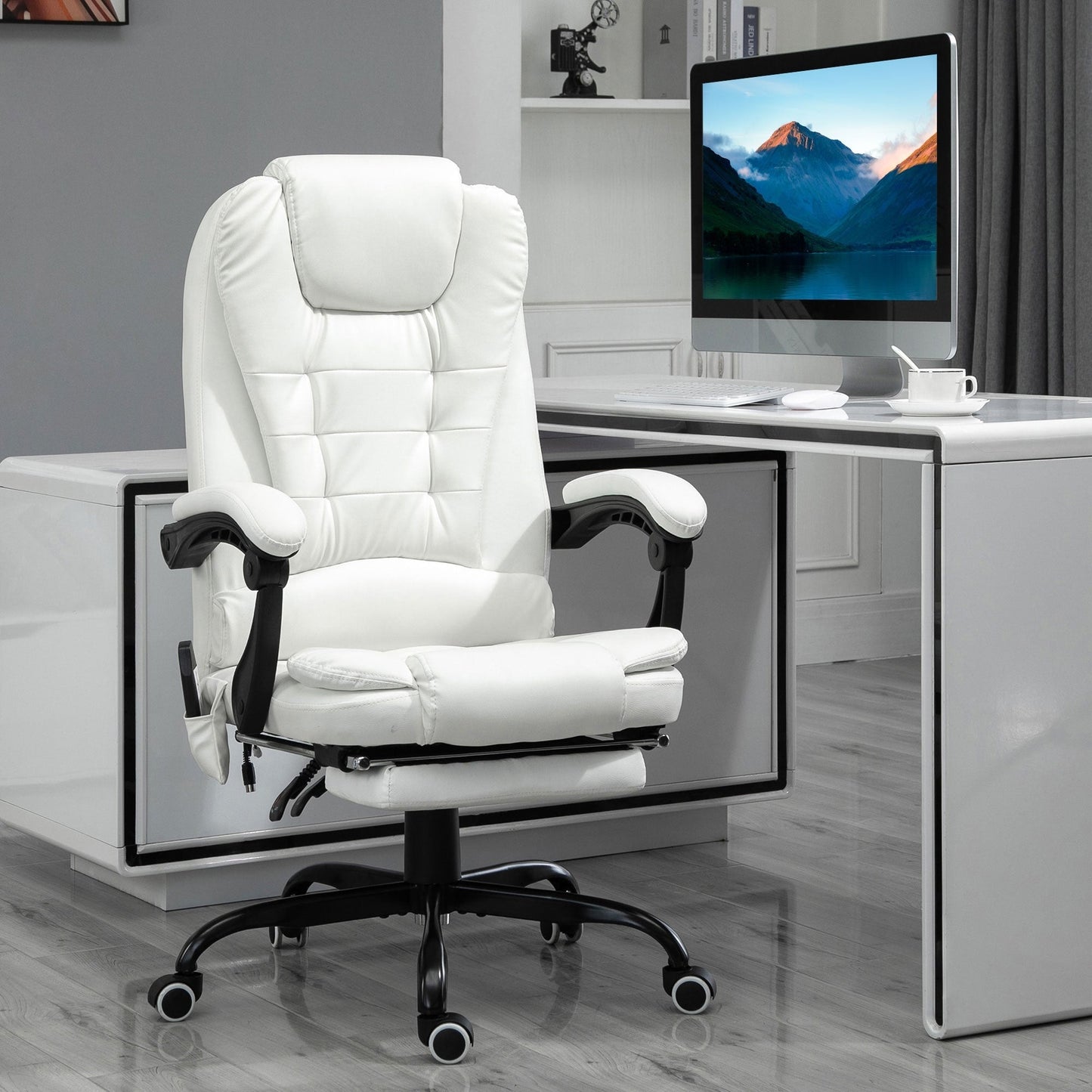 Chaise de bureau en cuir synthétique blanc avec massage vibrant à 7 points, dossier haut, inclinaison réglable, soutien lombaire et repose-pieds