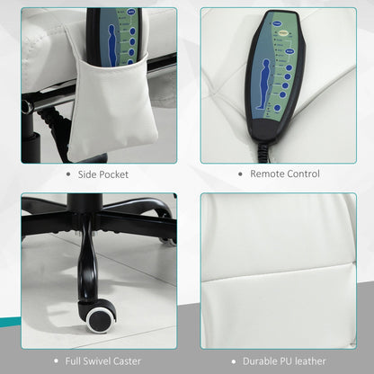 Chaise de bureau en cuir synthétique blanc avec massage vibrant à 7 points, dossier haut, inclinaison réglable, soutien lombaire et repose-pieds