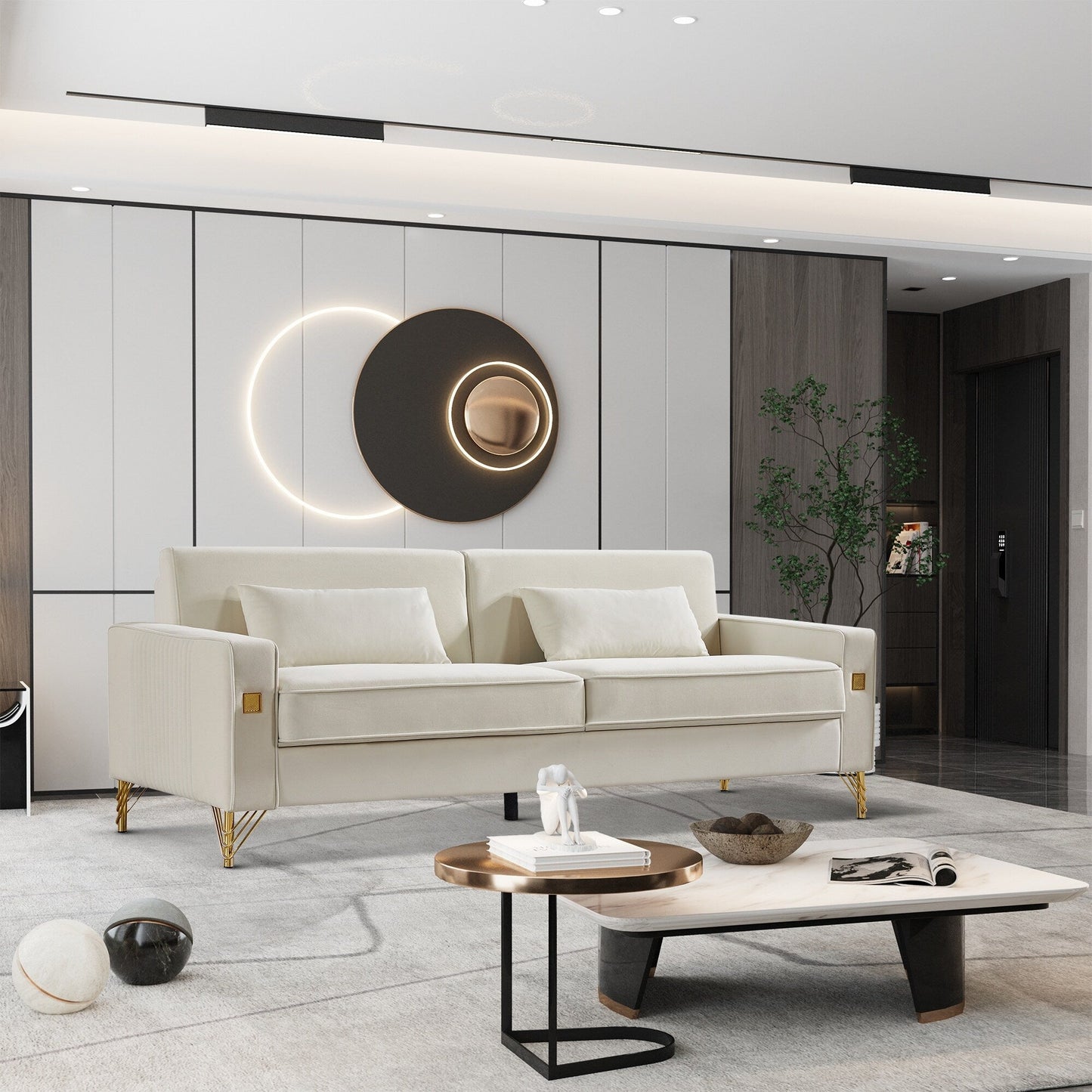 Canapé causeuse rembourré en velours blanc avec pieds dorés