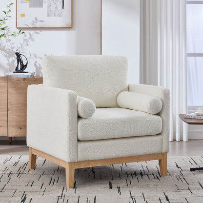 Fauteuil d'appoint large et moderne de style ferme avec pieds en bois naturel, fauteuil simple et canapé avec deux coussins traversins