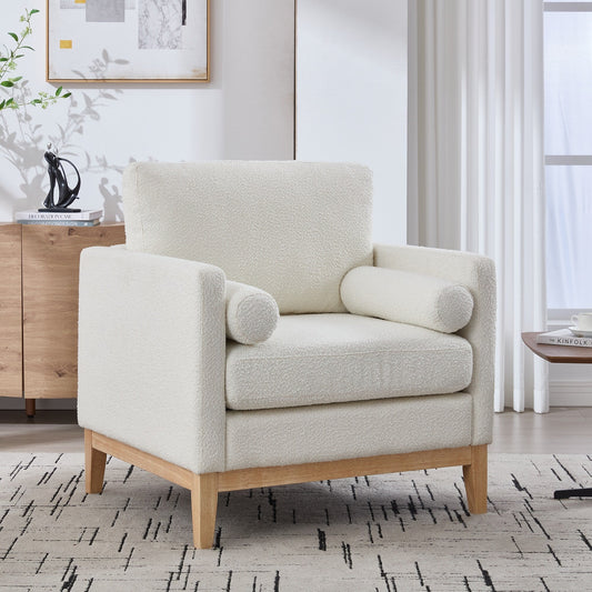 Fauteuil d'appoint large et moderne de style ferme avec pieds en bois naturel, fauteuil simple et canapé avec deux coussins traversins