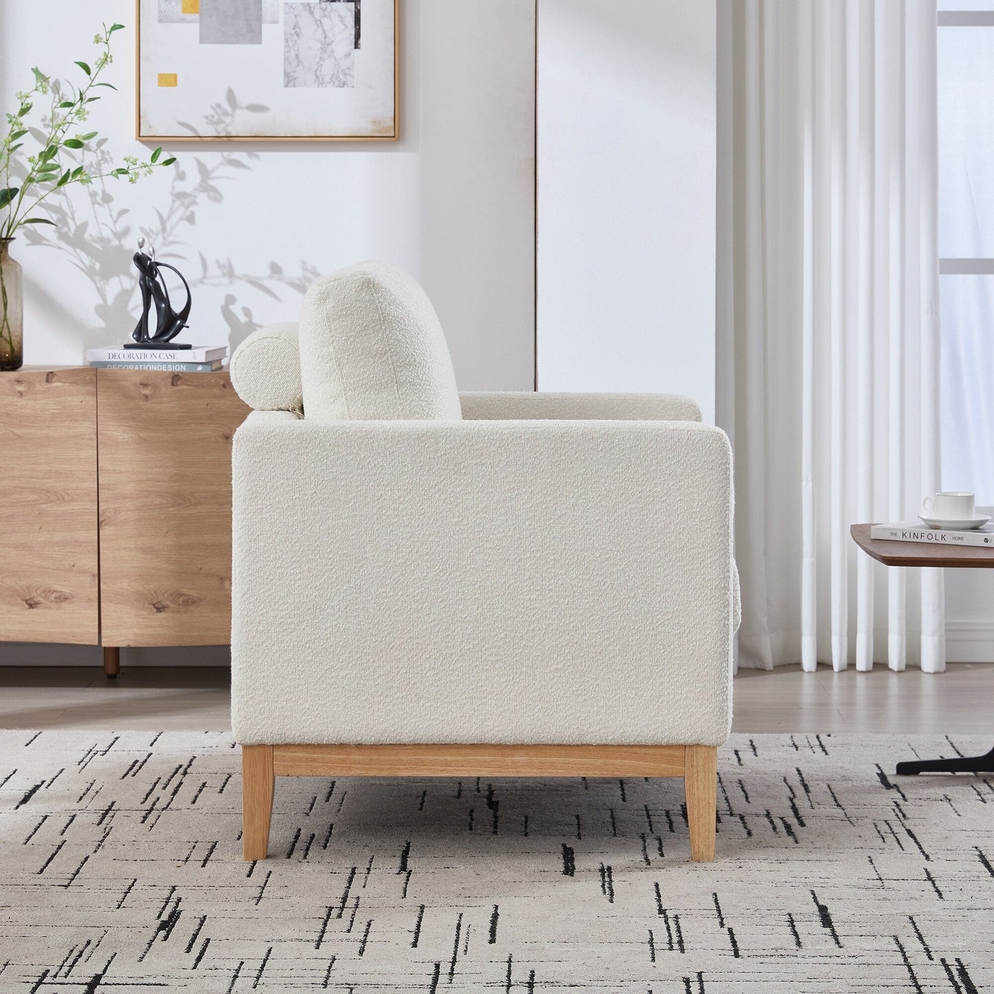 Fauteuil d'appoint large et moderne de style ferme avec pieds en bois naturel, fauteuil simple et canapé avec deux coussins traversins