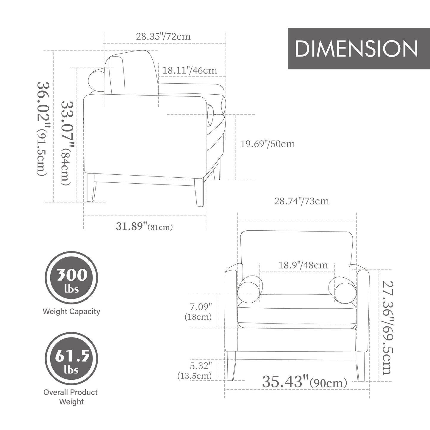 Fauteuil d'appoint large et moderne de style ferme avec pieds en bois naturel, fauteuil simple et canapé avec deux coussins traversins