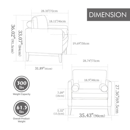 Fauteuil d'appoint large et moderne de style ferme avec pieds en bois naturel, fauteuil simple et canapé avec deux coussins traversins