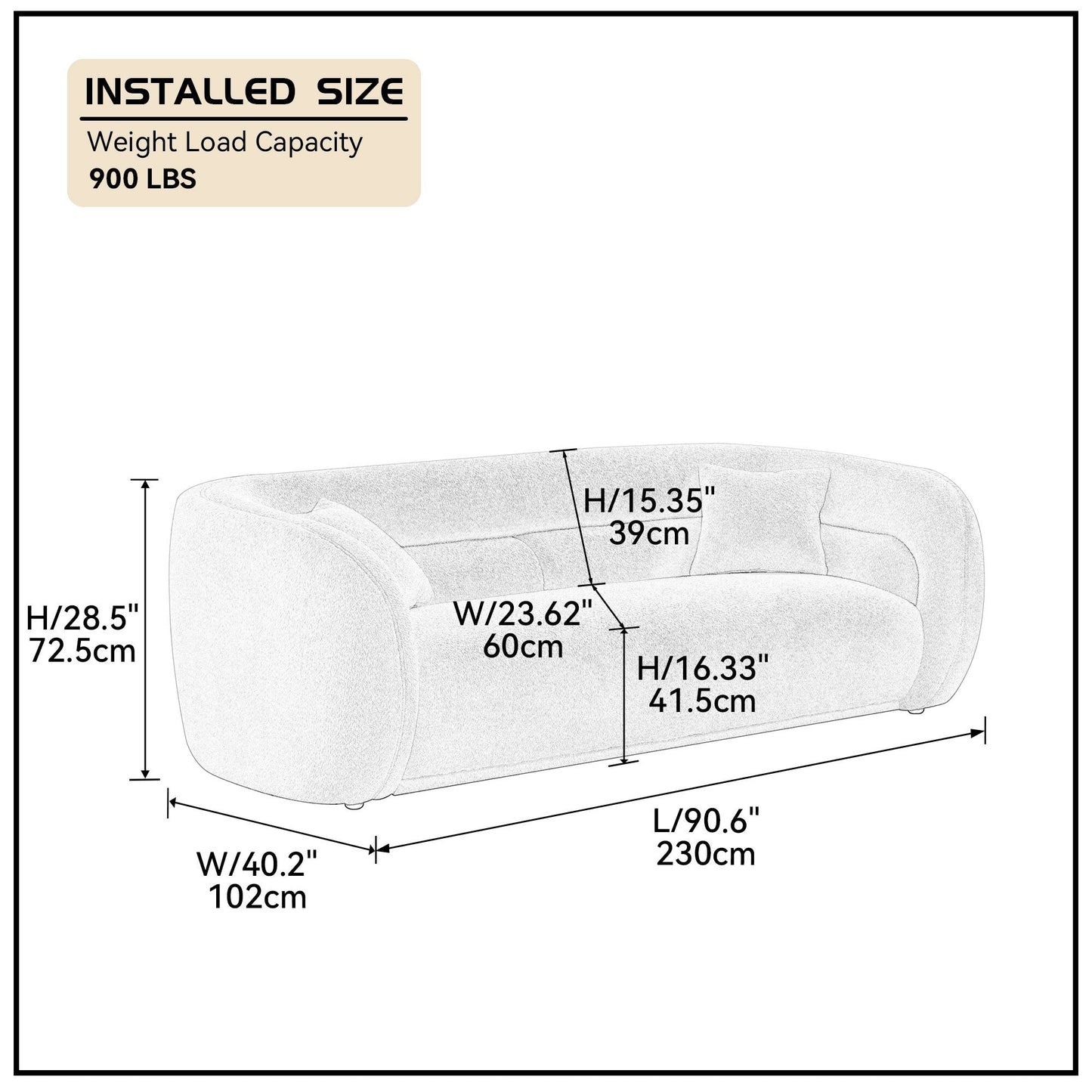 Canapé incurvé rembourré moderne et contemporain de 91 pouces avec 2 coussins pour le salon
