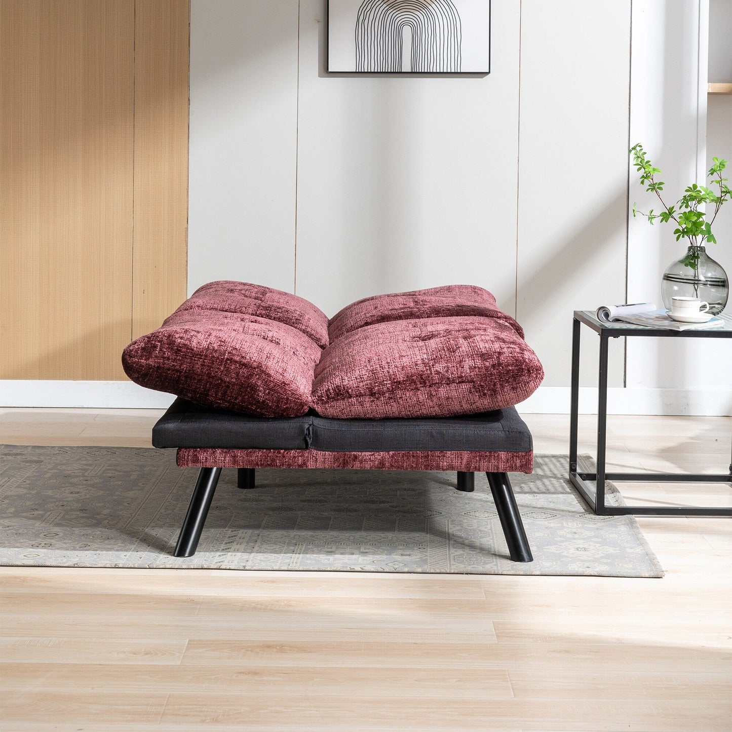 Canapé-lit convertible en chenille rouge vin 75,6 avec pieds en métal pour le salon