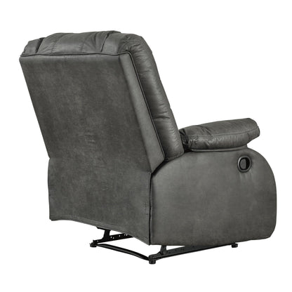 Fauteuil inclinable en bois avec accoudoirs coussinés et dossier capitonné, gris