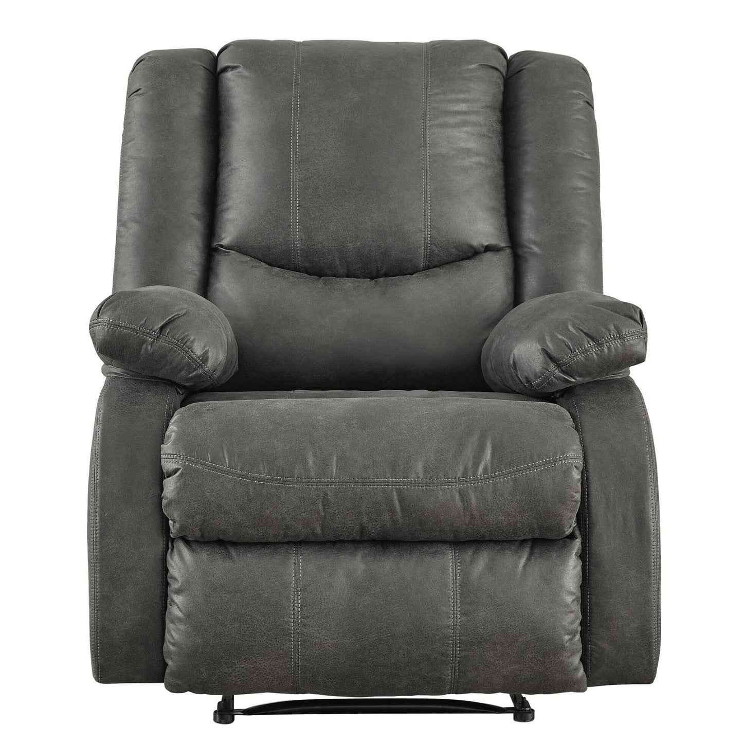 Fauteuil inclinable en bois avec accoudoirs coussinés et dossier capitonné, gris