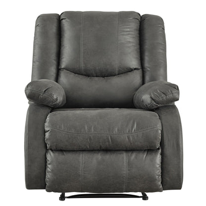 Fauteuil inclinable en bois avec accoudoirs coussinés et dossier capitonné, gris