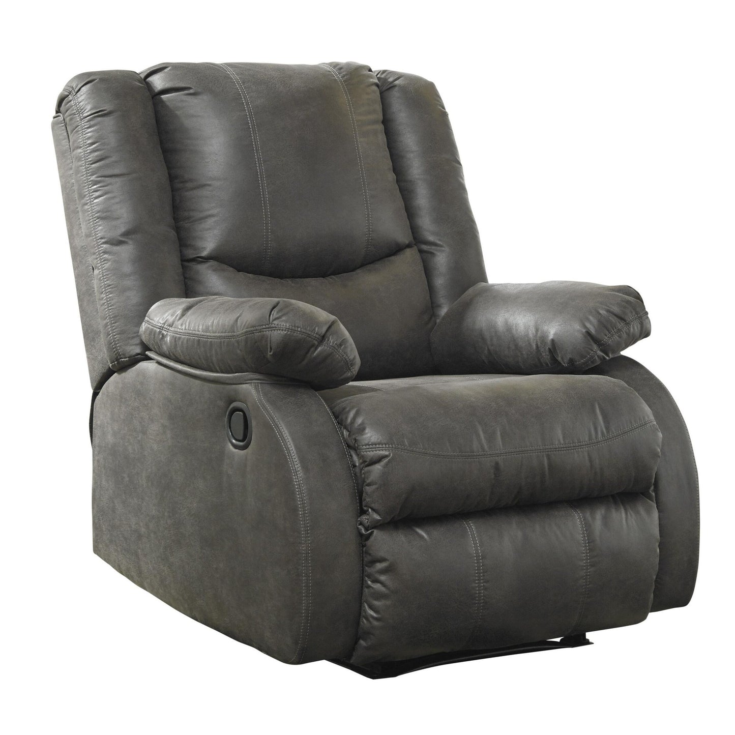 Fauteuil inclinable en bois avec accoudoirs coussinés et dossier capitonné, gris