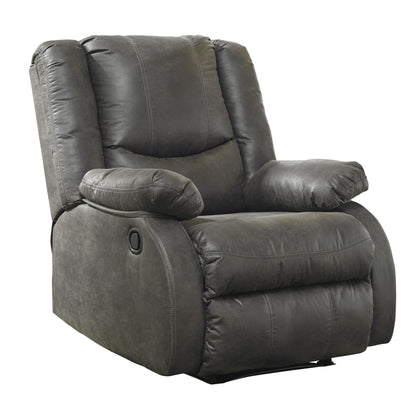 Fauteuil inclinable en bois avec accoudoirs coussinés et dossier capitonné, gris