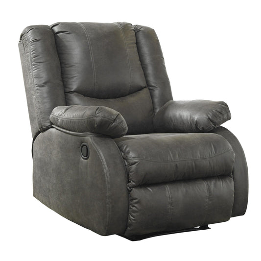 Fauteuil inclinable en bois avec accoudoirs coussinés et dossier capitonné, gris