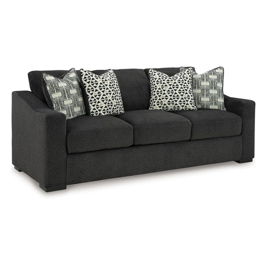 Canapé Wryen, polyester noir onyx, 4 coussins décoratifs, 236 cm