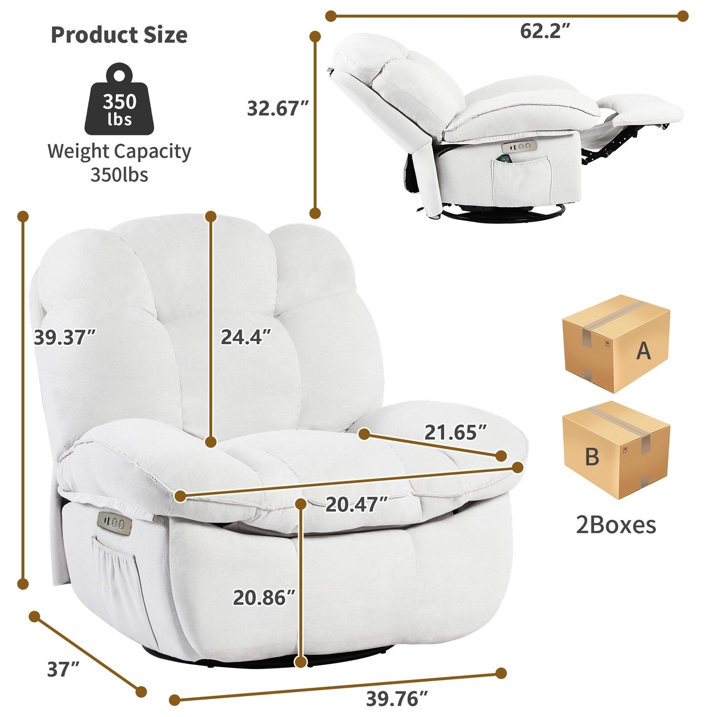 Fauteuil inclinable électrique XINMICS, fauteuil de massage inclinable avec chauffage, fauteuils pivotants à bascule modernes pour adultes avec port USB