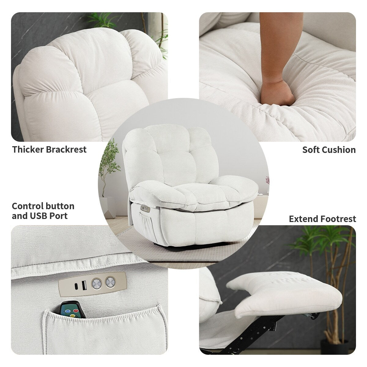 Fauteuil inclinable électrique XINMICS, fauteuil de massage inclinable avec chauffage, fauteuils pivotants à bascule modernes pour adultes avec port USB