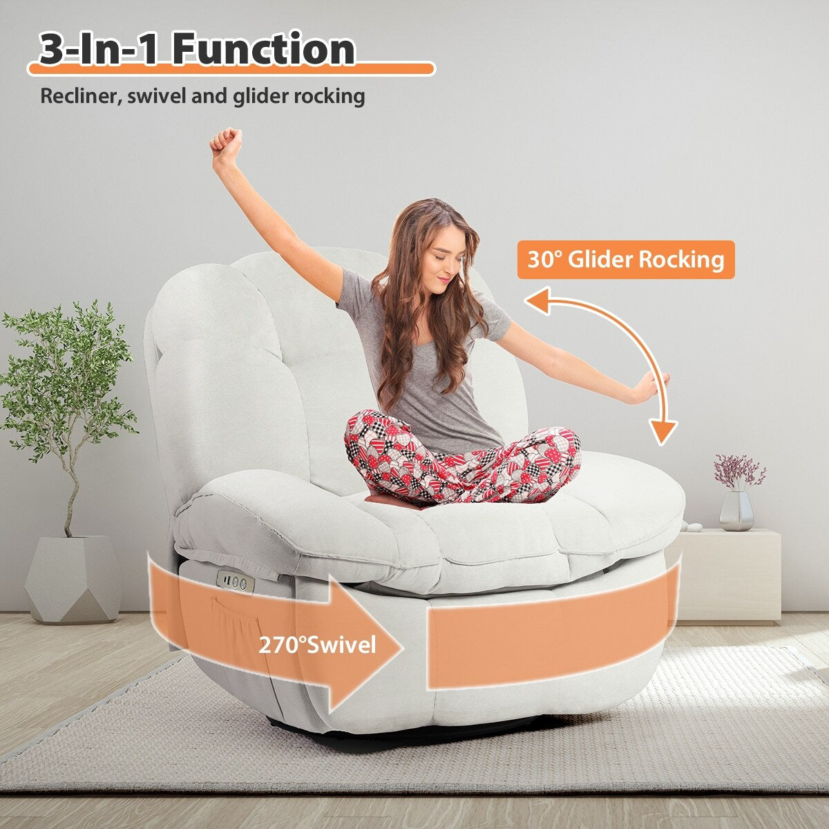 Fauteuil inclinable électrique XINMICS, fauteuil de massage inclinable avec chauffage, fauteuils pivotants à bascule modernes pour adultes avec port USB